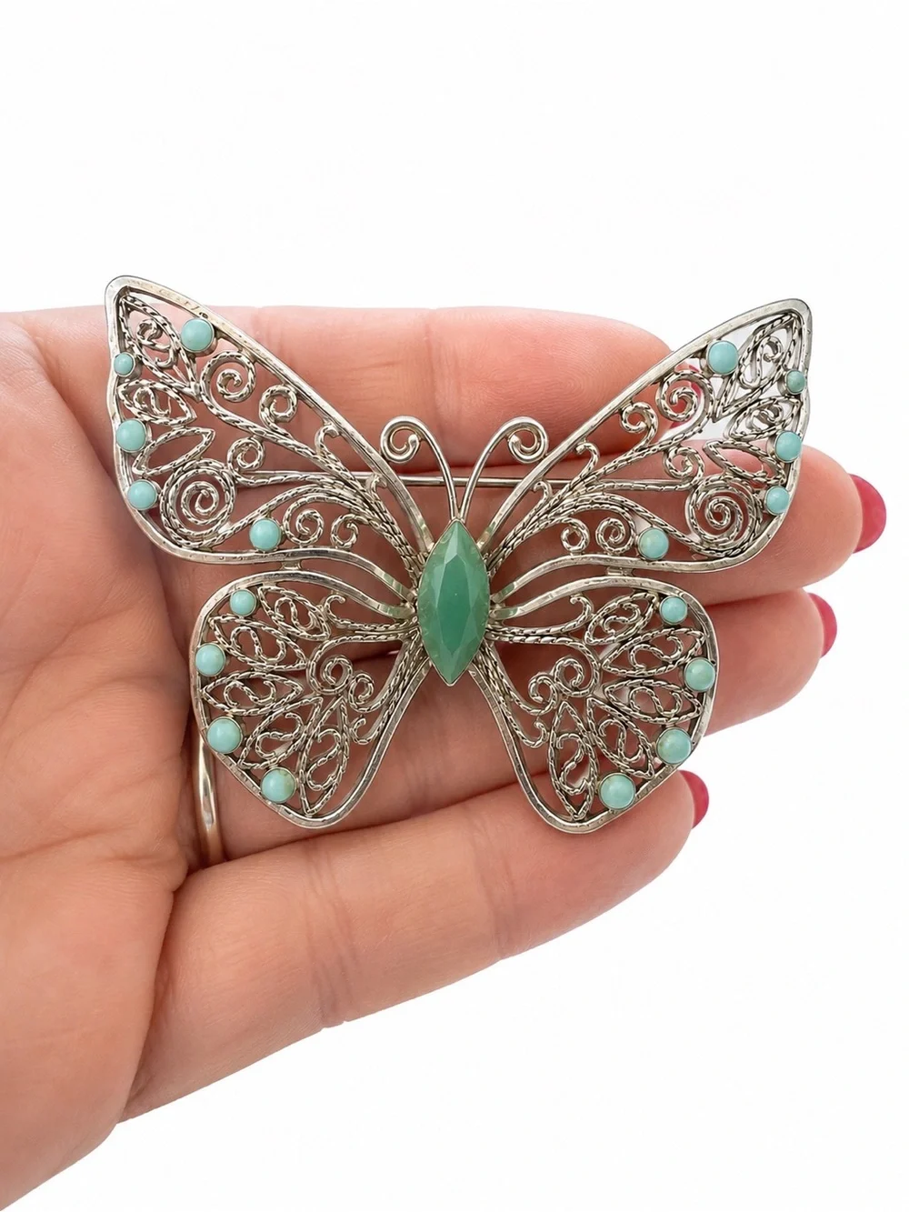 Vintage Monet Butterfly Brooch Silver‎ Tone Filigree Blue Cabochon Accent